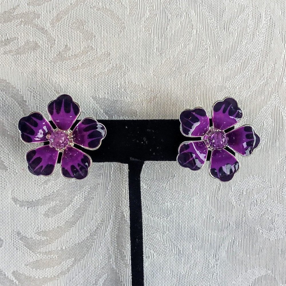 Vintage Purple Orchid Enamel Pieced Earrings